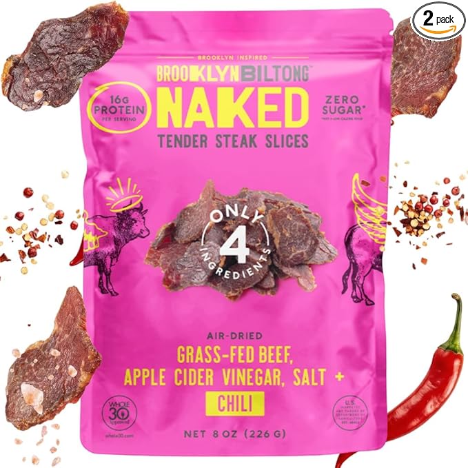 Brooklyn Biltong Air Dried Grass Fed Beef Snack South African Beef Jerky (8 oz Pack of 2) - Whole30 Approved Paleo Keto Gluten Free Sugar Free Made in USA - (Naked Chili)