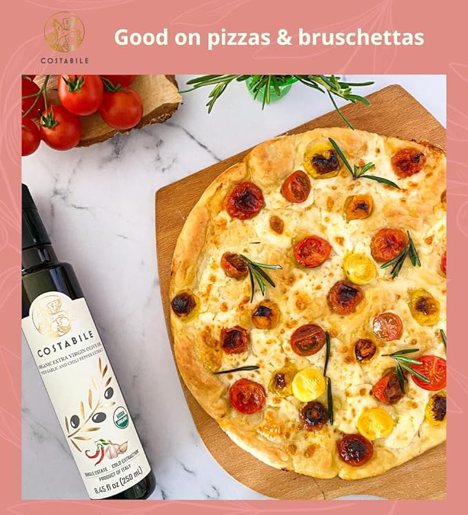 Garlic Chili Oil - Extra Virgin Garlic Hot Oil from Italy - Quality Chili Garlic Oil Ideal as Pizza Oil and for Spicy Recipes. COSTABILE 8.45 Fl. Oz.