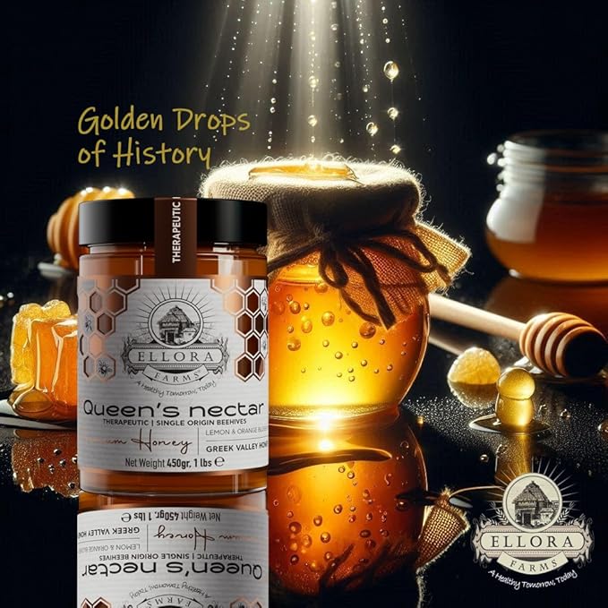 Ellora Farms Greek Honey Lemon &amp Orange Blossom Raw Unpasteurized Honey 2025 Paris Platinum Award Non-GMO and Unpasteurized Gift Pack with Dipper - 450g (16oz)