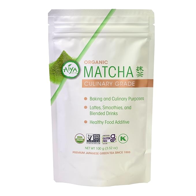 Aiya Certified USDA Organic Culinary Grade Matcha Green Tea Powder - Ideal for Baking Lattes Smoothies - Gluten-Free &amp Non-GMO - 100g Bag (3.52 oz)