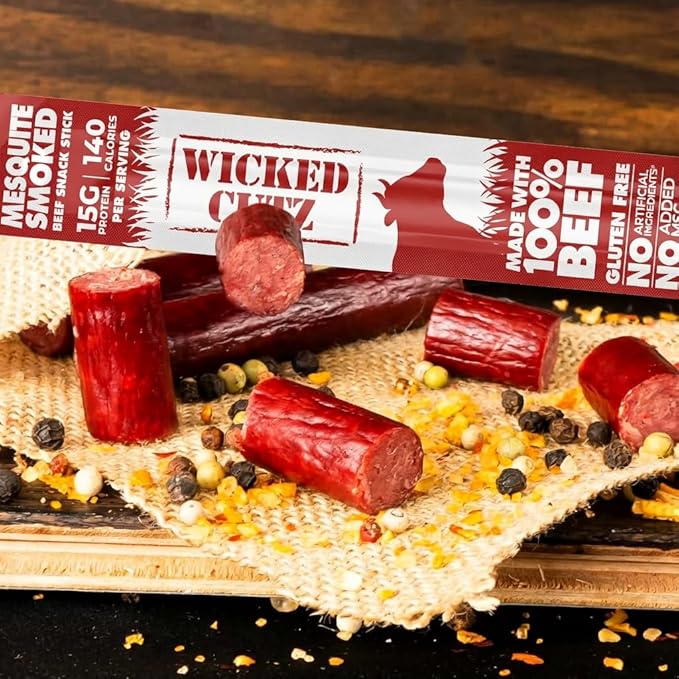 Wicked Cutz Beef Sticks Variety Pack | 4 Flavors up to 15g Protein Per Meat Stick | Extra Large Tender Easy to Chew USA Made High Protein Carnivore Snacks | Unique Gifts for Men (48 Pack)