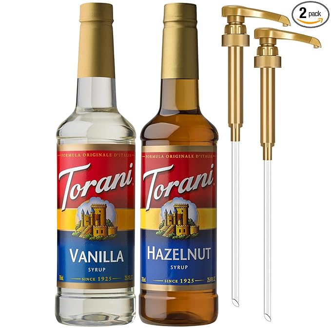 Torani Syrups Hazelnut and Vanilla Syrup Variety 2-Pack Coffee Syrups for Drinks Pumps Included 25.4 Fl Oz Ea