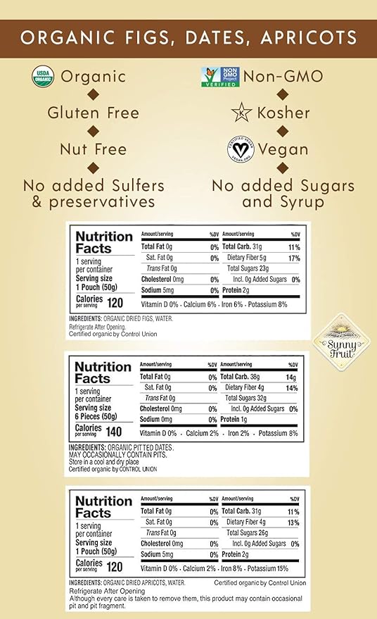 Sunny Fruit Organic Dried Fruit Assortment - Dates Figs &amp Apricots Variety 3 Bags (15 Individual Portion Packs) | No Preservatives No Sugar Added | ORGANIC NON-GMO VEGAN HALAL KOSHER