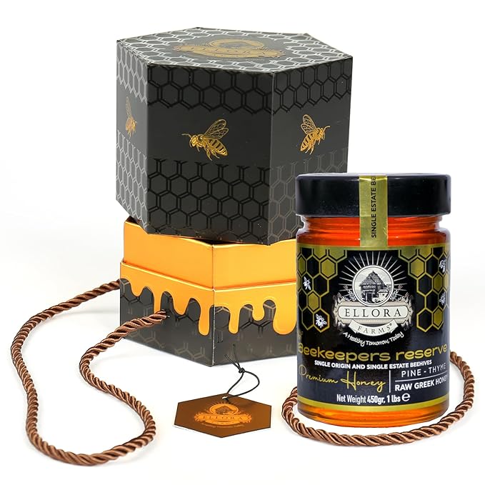 Ellora Farms Single Estate PDO Raw Greek Honey Pine &amp Thyme Raw Honey Unfiltered Beautiful Gift Pack with Dipper Beekeepers Reserve Pure Raw &amp Unfiltered Cold-Pressed Gluten Free - 450 g
