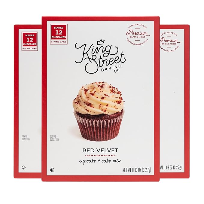 King Street Baking Co Red Velvet Cupcake &amp Cake Mix - Premium Ingredient Box Mix - Makes 12 Cupcakes or 8 Inch Sheet Cake - 1 Pack