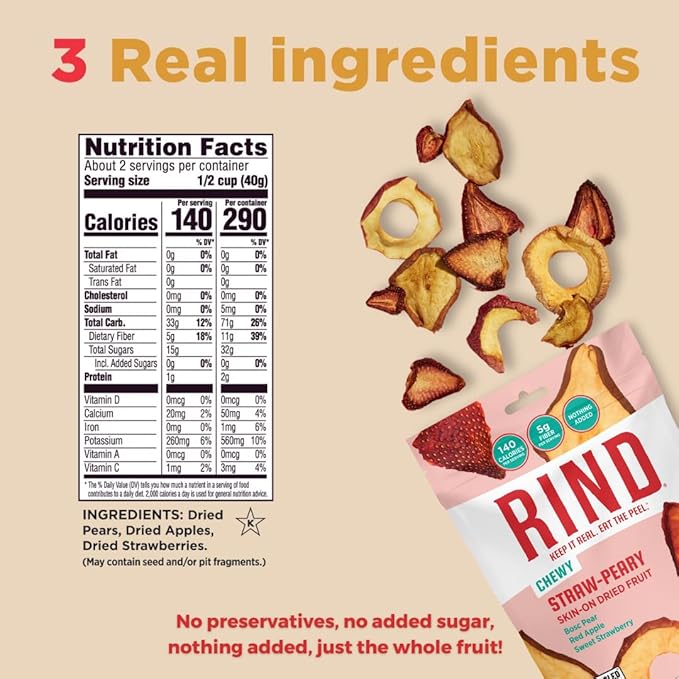 RIND Snacks | Straw-Peary | Strawberry Apple &amp Pear | Dried Fruit Superfood | Chewy Snack | No Sugar Added | All Natural | High in Fiber | Gluten Free | Vegan | Paleo | Fruit Snacks | 3 oz | 3 P