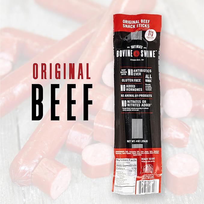 Bovine &amp Swine All-Natural Gourmet Craft Beef Snack Sticks | 10 Packs of 2 | Wyoming Jerky Sticks High Protein Individually Wrapped | Camping &amp Hiking Snacks | Clean Ingredients | Original B