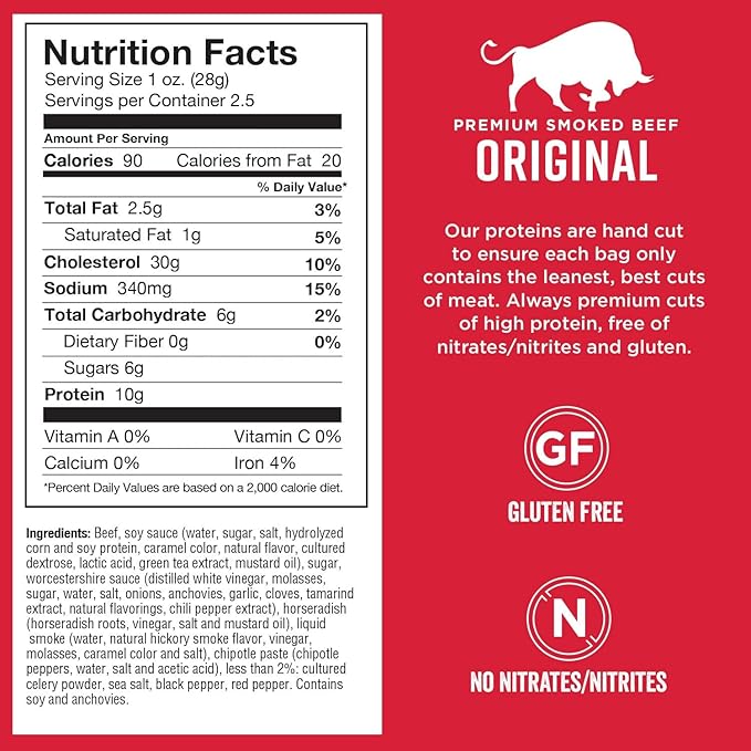 Chef’s Cut Real Beef Jerky | High Protein Meat Snack with 10g Protein &amp 90 Calories Gluten Free Keto-Friendly Premium Lean Smoked Beef | Original Recipe | 2.5 oz (Pack of 8)