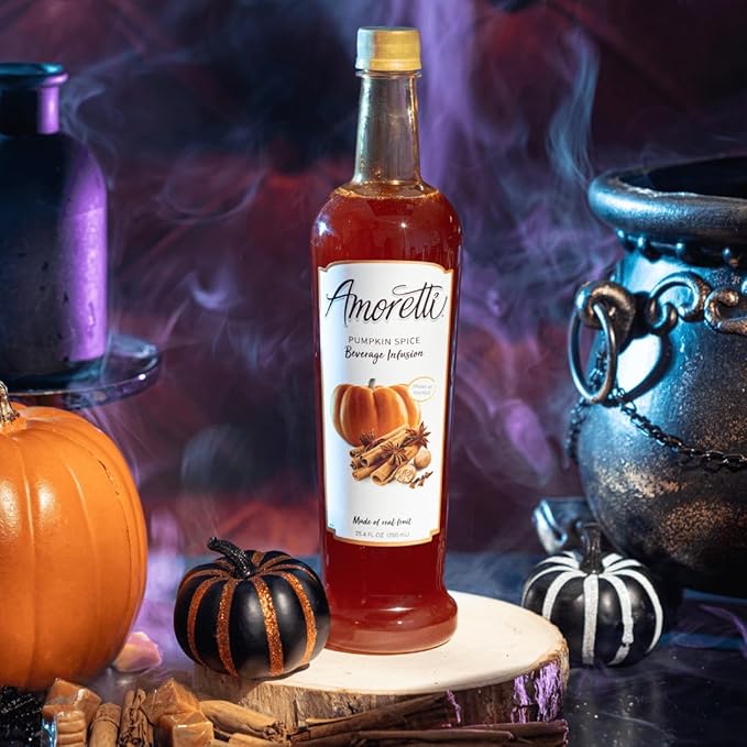 Amoretti - Pumpkin Spice Beverage Infusion 94 Servings Per Bottle (750 ml) - Drink Mix &amp Water Enhancer with Pump for Flavoring Cocktails Waters Teas and other Beverages Preservative Free