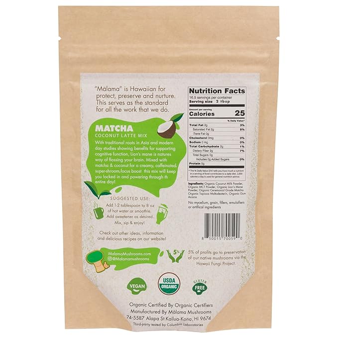 Malama Ceremonial Grade Matcha Coconut Latte Powder – Premium Japanese Matcha Green Tea Powder with Organic Lion’s Mane – Organic Gluten-Free Vegan &amp Unsweetened (3.5 oz) for Energy &amp Focus