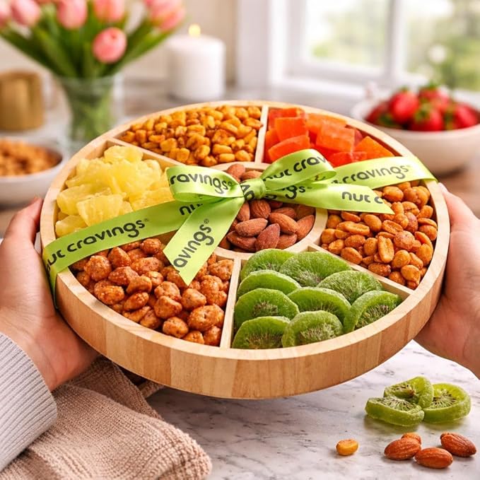 NUT CRAVINGS - Easter Dried Fruit &amp Mixed Nuts Gift Basket in Reusable Round Wooden Tray + Ribbon (7 Assortments) Ramadan Gifts Saint Patricks Day Food Arrangement Healthy Snack Care Package Ko