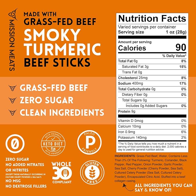 Mission Meats Beef Sticks – 100% Grass Fed &amp Pasture Raised Sugar Free Individually Wrapped Healthy Snacks Whole 30 &amp Paleo Friendly Smoky Turmeric 1oz (24ct)