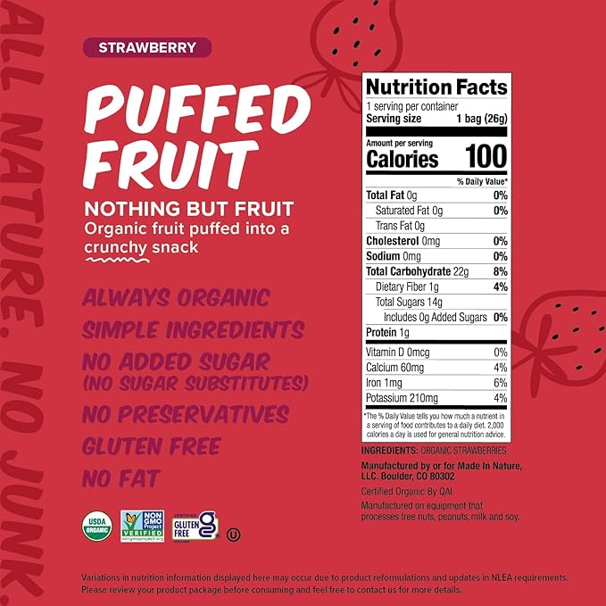 Made In Nature Organic Puffed Fruit Strawberry 0.9 Ounce Bag (Pack of 6) - Vegan Snack Non-GMO Gluten Free