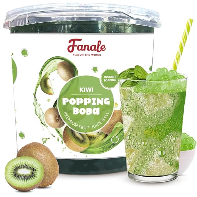 Fanale Kiwi Popping Boba Pearls Vegan Non GMO Gluten Free Fat Free Perfect for Bubble Tea Smoothies Ice Cream Desserts and Beverages.