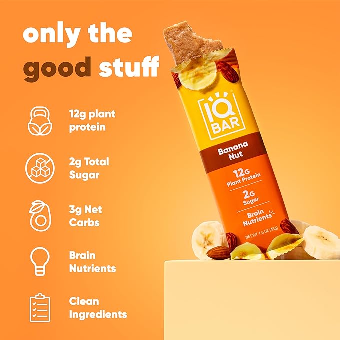 IQBAR Clean Plant Protein Bars - Banana Nut + Wild Blueberry 12 Count Bundle - Keto Vegan High Fiber Gluten and Dairy Free Low Sugar Snack - Brain and Body Nutrients for Focus Energy