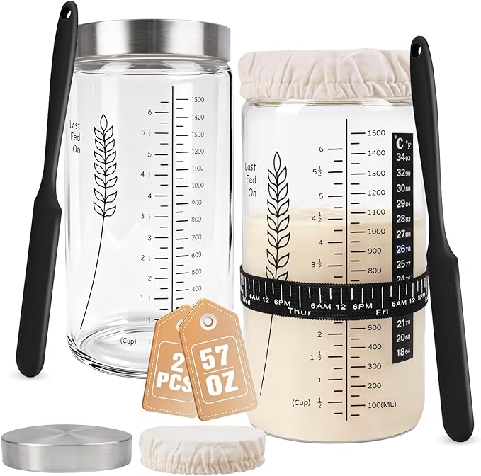 Premium Sourdough Starter Jar Kit 57oz Large Capacity Sourdough Jar Sourdough Bread Starter Kit for Perfect Sour Dough Bread (Black 2 Pack)