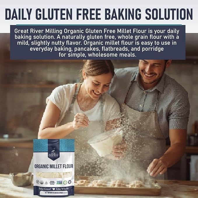 Great River Milling Organic Millet Flour | USDA Organic Naturally Gluten Free Non-GMO Vegan Kosher | Mild Nutty Flavor for Baking Flatbreads Pancakes &amp Porridge | 5 Lb.