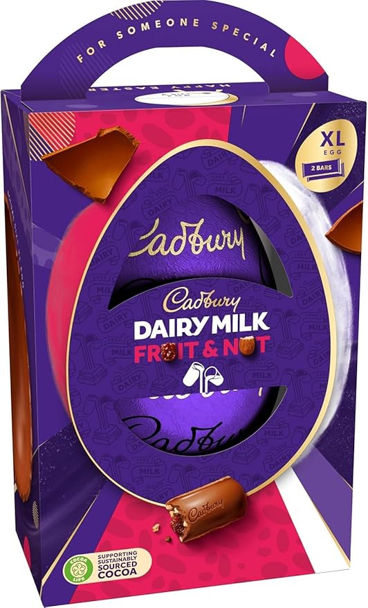 Cadbury Dairy Milk Fruit &amp Nut Chocolate Easter Egg Includes 1 Extra Large Chocolate Shell and Cadbury Dairy Milk Fruit &amp Nut 2 Bars Gift for Easter 273 g (Pack of 1)