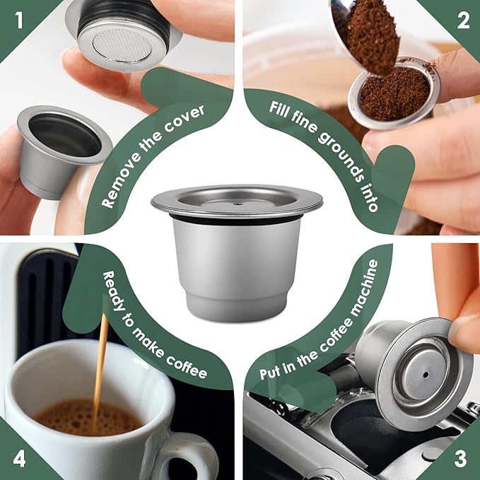 Reusable Coffee Capsules for Originales Stainless Steel Refillable Coffee Pods 2pcs Reutilisable Refillable Espresso Capsule(2 Cup+ Tamper+ Stainless Steel Spoon)