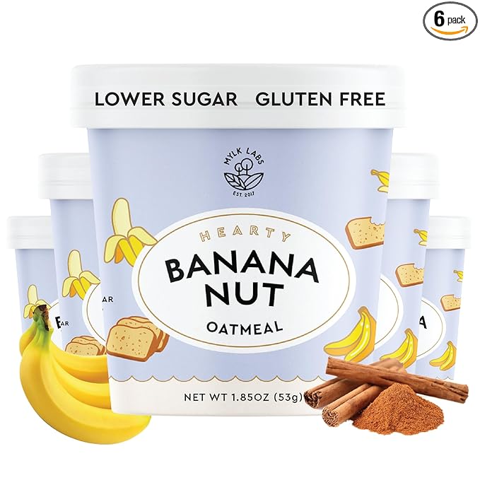 Mylk Labs Banana Nut Protein Oatmeal Cups Whole Grain Low Sugar High Fiber Breakfast with Superfoods Quick &amp Easy On the Go Instant Oatmeal Rolled Oats Gluten Free Vegan Nut Free 6 Pack