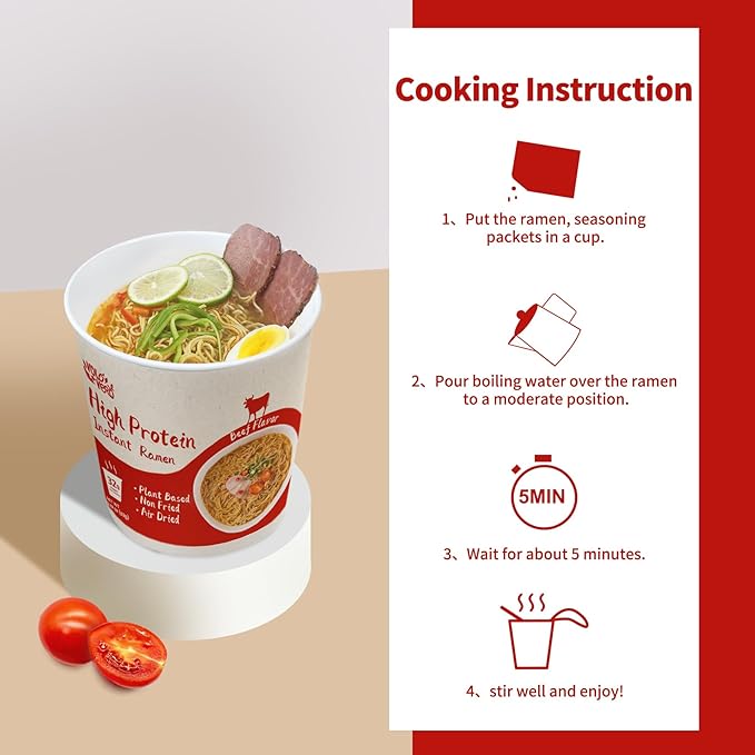 VOLO VERO High Protein (32g) Instant Ramen Spicy Beef Flavor Soup Cup 6 Packs Vegan Noodles Asian Plant-Based Non-Fried Low Fat Non-GMO Egg &amp Dairy Free Quick Healthy Meal Holiday Gift
