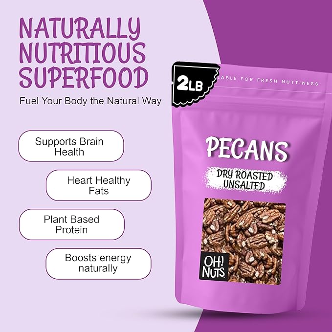 Oh! Nuts Pecans Dry Roasted Unsalted - Kosher Oil-Free All Natural Pecans - For Baking Snacks Salad Dressing - Packed in 2 LB Resealable Bulk Bag