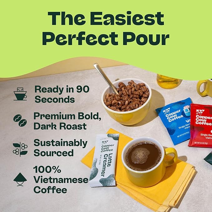Copper Cow Coffee Pour Over Vietnamese Coffee Pouches + Sweetened Condensed Milk Creamers (8 Coffees &amp 8 Milk Creamers) | Churro Lattes No Refrigeration Needed Travel Friendly Ground Coffee