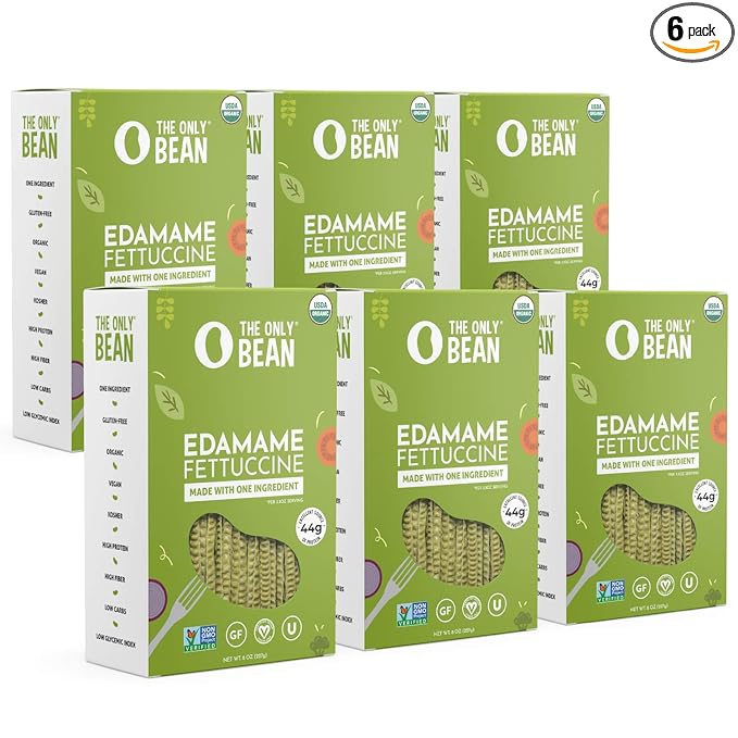 The Only Bean - Organic Edamame Fettuccine Pasta - High Protein Keto Friendly Gluten-Free Vegan Non-GMO Kosher Low Carb Plant-Based Bean Noodles - 8 oz (6 Pack)