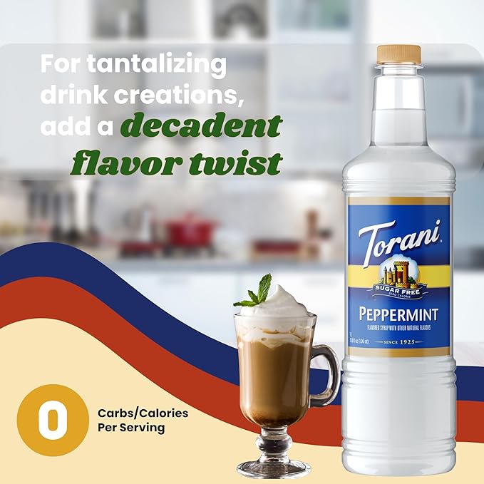 Torani Sugar Free Peppermint Syrup 1 Liter Bottle with Pump Dispenser – Zero Sugar Zero Calories Keto Friendly Gluten Free Mint Flavor for Coffee Lattes Cocktails and Holiday Drinks