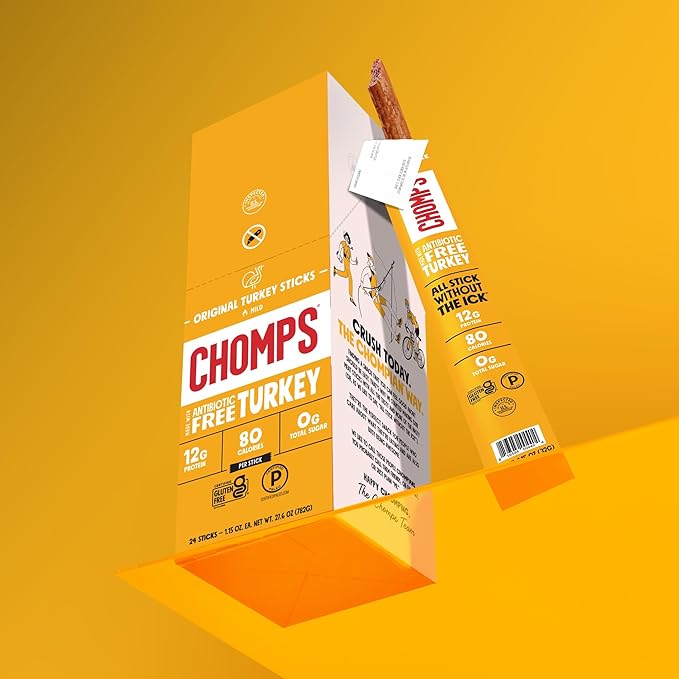 Chomps Original Turkey Jerky Snack Sticks Keto Paleo Whole30 Approved Gluten Free 1.15oz (24 Pack)