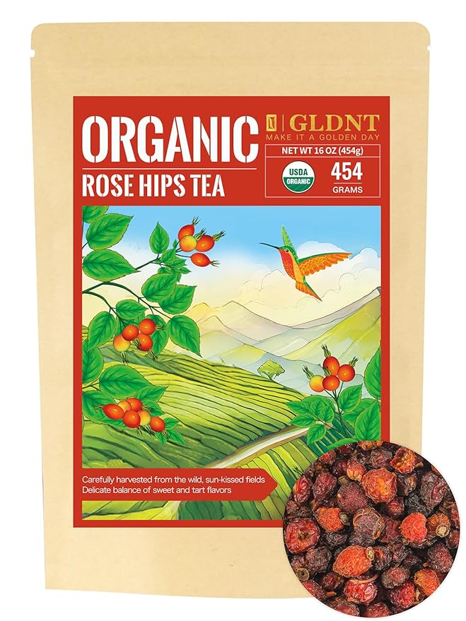 GLDNT Organic Rosehips Tea Premium Dried Organic Rose Hips Tea Loose Leaf Fruity Flavor and Aroma Whole Caffeine Free 16oz