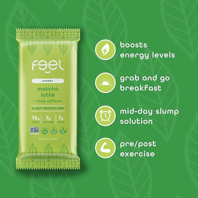 Feel Vegan Protein Bars Energize 65mg Caffeine 15g Plant Protein Organic Snack Low Sugar Low Carb Gluten Free Dairy Nut Grain Soy Free Matcha Latte 10 Pack