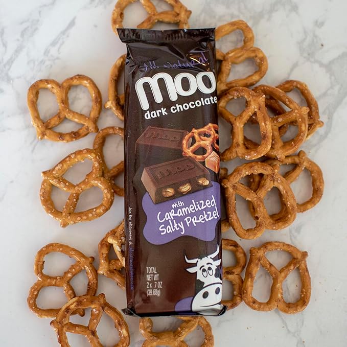 Moo Chocolates All Natural Dark Chocolate Large Bars with Caramelized Salty Pretzel 1.4 oz 14 ct (Pack of 1) | 110 Calorie Snacks for On-the-Go Lunchboxes Office