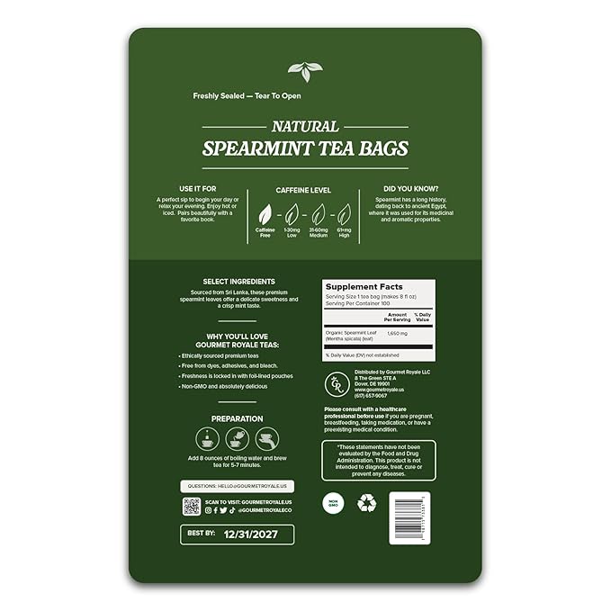 Gourmet Royale Spearmint Tea 100 Count Sustainable Tea Bags Caffeine &amp Sugar Free Resealable Pouch Refreshing &amp Natural Grown in Sri Lanka (Pack of 1)