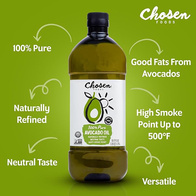 Chosen Foods 100% Pure Avocado Oil for Cooking - 1.75L - Made With Good Fats from Avocados Naturally Refined Never Adulterated High Smoke Point Non-GMO Soy-Free Canola Oil-Free Gluten-Free Ket