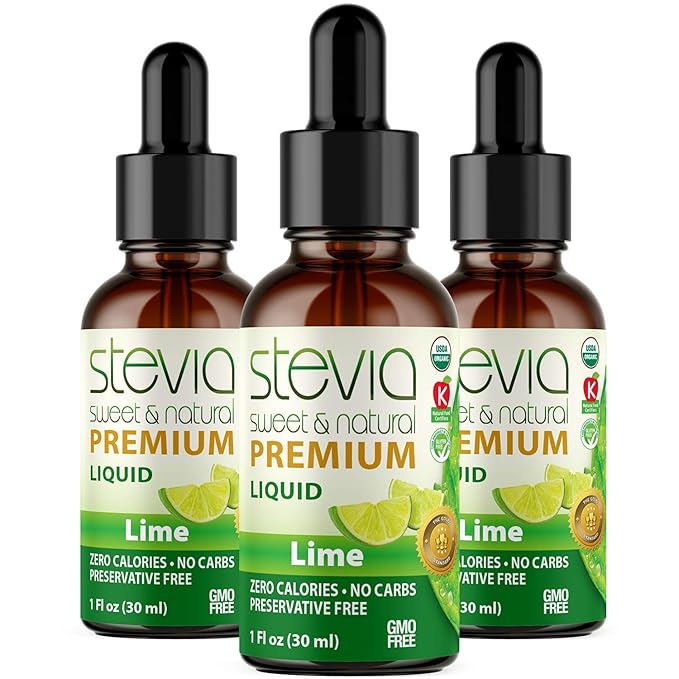 Lime Premium Quality Stevia Drops. Organic Liquid Stevia Sugar Substitute Naturally Sweet Non-Bitter 0 Calorie 0 Carb NON-GMO Diabetic &amp Keto Friendly (1oz) Glass Bottles (Pack of 3)