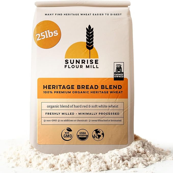Sunrise Flour Mill Heritage Organic Bread Flour Blend - 25 lbs | Organic Unbleached Bread Flour Easy to Digest with Less Bloating | High Protein Superior Baking | Smooth Nutty Flavor