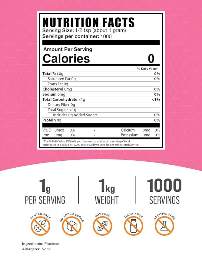 BulkSupplements.com Fructose Powder - Fructose Sugar Zero Calorie Sweetener - Food Grade &amp Gluten Free 1g per Serving 1kg (2.2 lbs) (Pack of 1)
