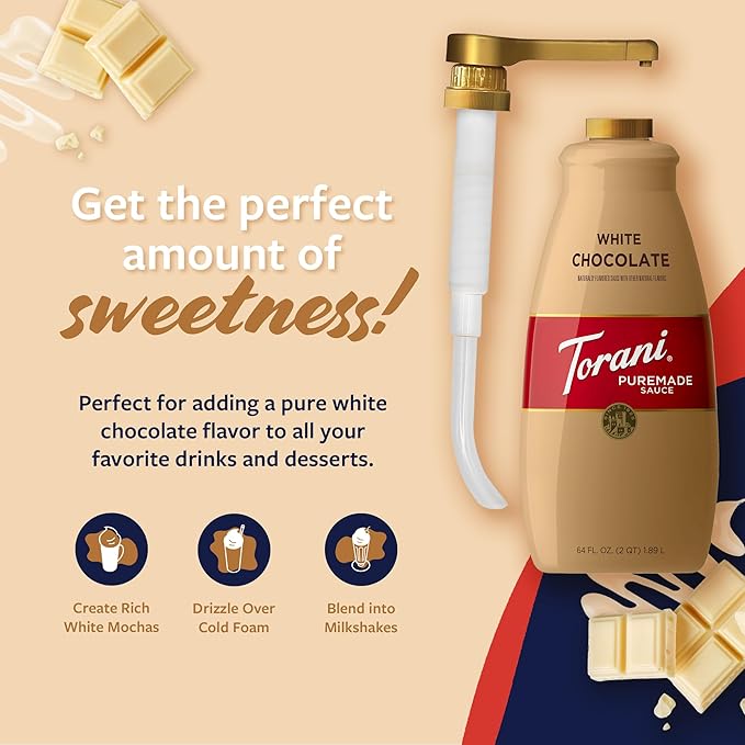Torani Puremade White Chocolate Sauce for Coffeehouse Drinks and Desserts Large 4lb Bottle Pump Included 64 Fl Oz