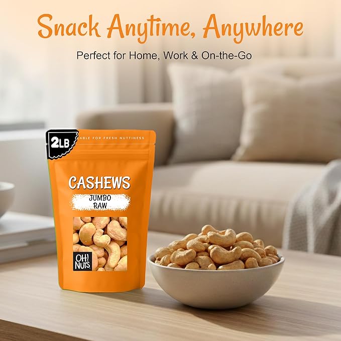 Oh! Nuts Raw Whole Unsalted Cashews - Raw - 100% Natural - 2 lb - Jumbo Cashews - Packed in New York Zip-Seal Bag for Exceptional Freshness