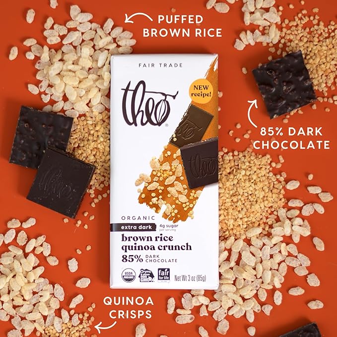 Theo Chocolate Brown Rice Quinoa Crunch Organic Dark Chocolate Bar 85% Cacao 12 Pack | Vegan Fair Trade