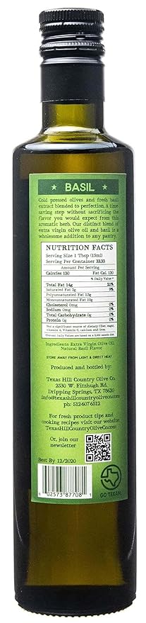 Texas Hill Country Olive Co Basil Infused Olive Oil - Cold Pressed Gourmet EVOO Olive Oil - Great for Dressing Dipping Marinade - No Artificial Flavors or Added Sugar - Made in Texas (16.9 oz)