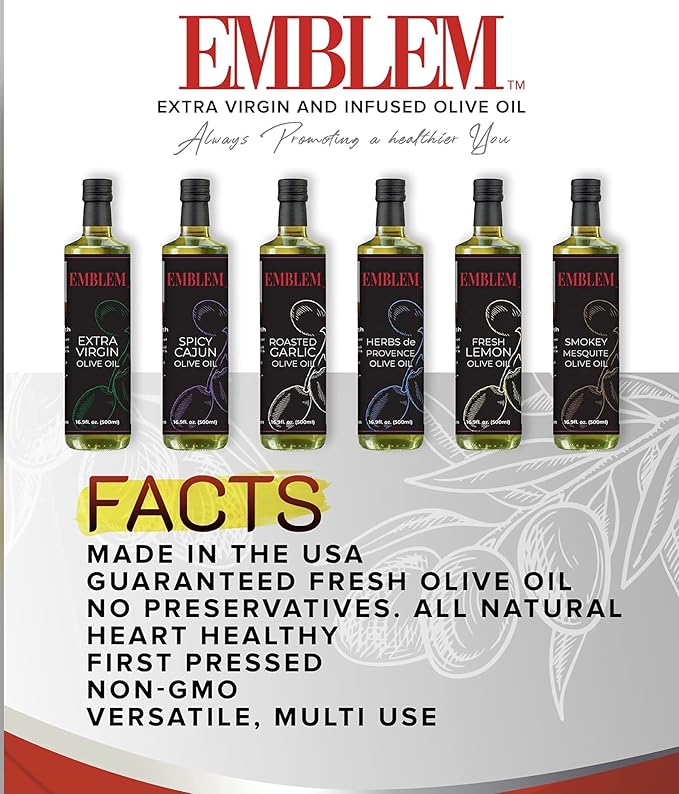 Emblem 100% Extra Virgin and Infused Olive Oil for Everyday Kitchen Use | Cold Extracted Cooking &amp Baking | Non GMO Keto Vegan Friendly 500ml (Spicy Cajun)