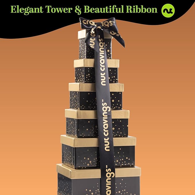 NUT CRAVINGS - Easter Dried Fruit &amp Mixed Nuts Gift Basket Black Tower + Ribbon (12 Assortments) Ramadan Gifts Food Arrangement Healthy Snack Care Package Kosher