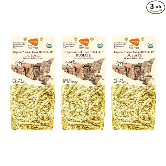 Tere e Tradizionni Organic Timilia/Tumminia Low-Gluten Index Semi-Whole Wheat Busiate Pasta - Ancient Grains Grown in Sicily Italy - Al Dente Texture - Non-GMO - Lower Carb - No Sugar Added - High in