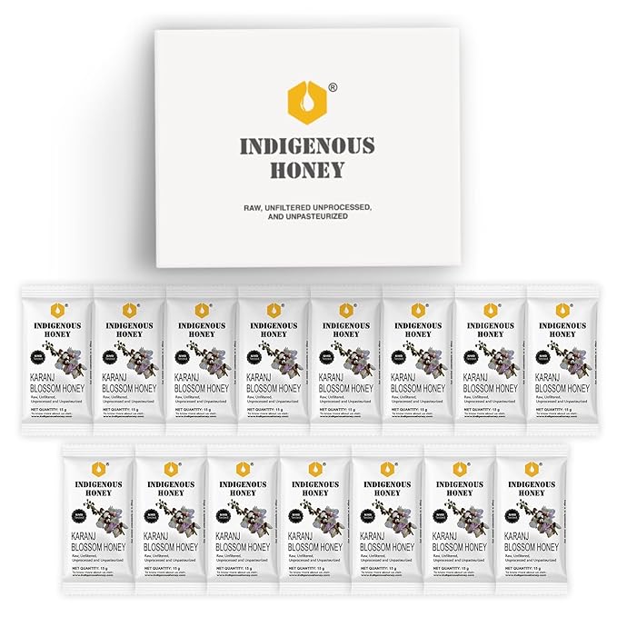 INDIGENOUS HONEY Natural Karanj Honey Organic Raw Pure Unprocessed Added Sugar Free NMR Tested Unpasteurized Unheated 15 Travel Sachets 15g Each Total 225g