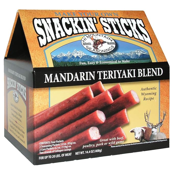 Hi Mountain Seasonings ǀ Snack Stick Seasoning Kit ǀ MANDARIN TERIYAKI BLEND ǀ Includes Seasoning Cure Casings &amp Directions ǀ Seasons up to 20lbs of Meat ǀ Beef Pork Venison Deer &amp Wild