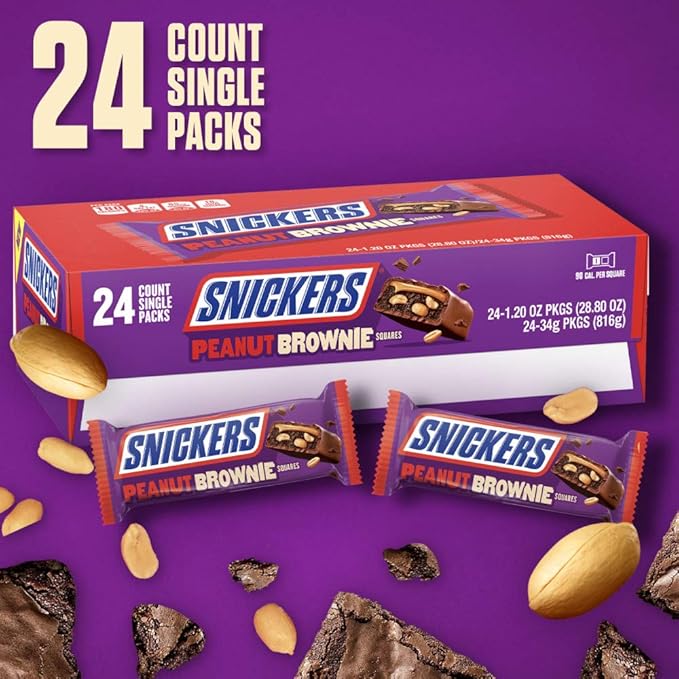 SNICKERS Peanut Brownie Squares Full Size Chocolate Candy Bar 1.2 oz (Pack of 24)