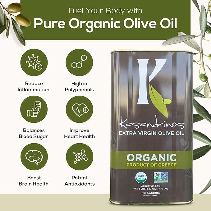 Kasandrinos Organic HUGE 3 LITER Extra Virgin Greek Olive Oil Pack of Two
