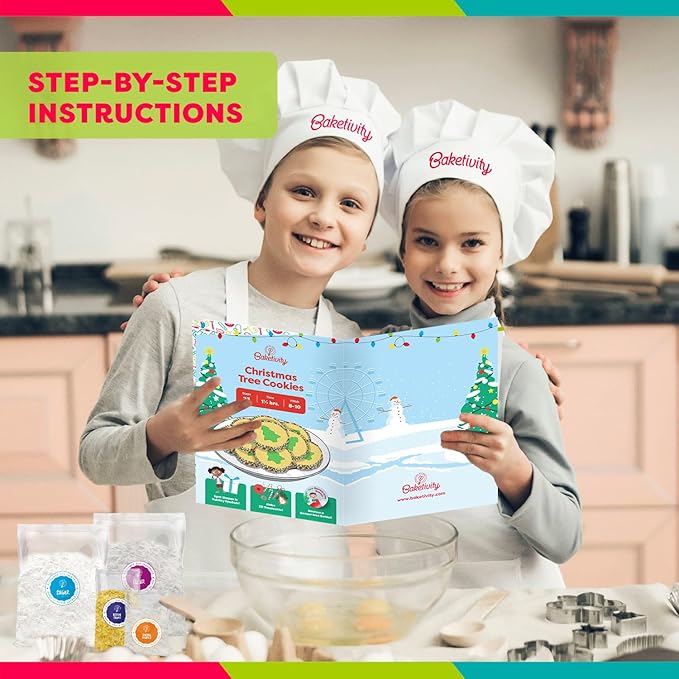 Baketivity Christmas Tree Cookies - DIY Baking Kit for Kids - Fun Little Junior Chef Essential Kitchen Lessons Includes Pre-Measured Ingredients